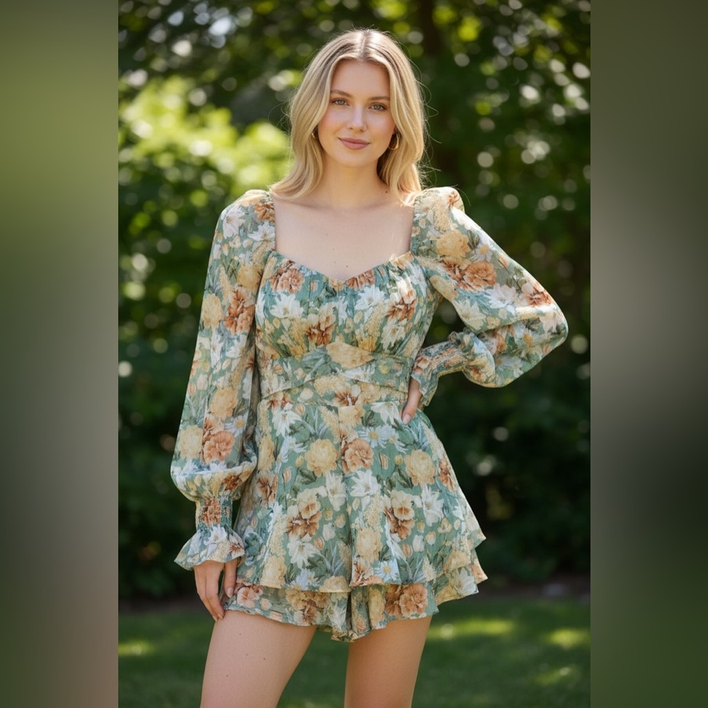 Fashion Nova Floral Long Sleeve Romper - Green and Cream Boho Romatic